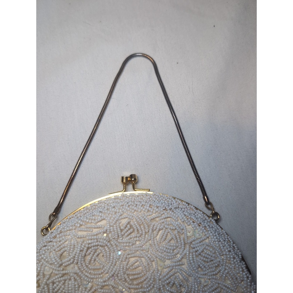 Vintage White Hand-Beaded Clutch Evening Bag W/ Clasp Handmade in Hong Kong 7" - Picture 4 of 11